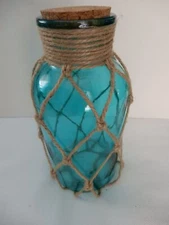 Nautical/Beachy Bottle w/Rope Fish Net Design ~ Aqua, 8" Tall, w/Tea Light