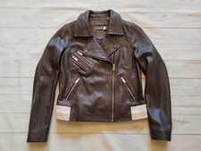 Women's Mint Velvet Smoke Collegiate Leather Biker Jacket Brown Size Uk 10