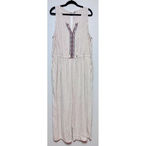 Boho Linen Blend Wide Leg Jumpsuit Size XL Embroidered Folk Detail Sleeveless