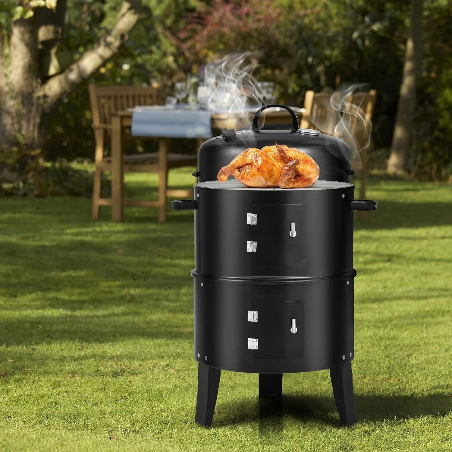 3-in-1 Outdoor Portable Charcoal BBQ Grill W/Smoker Combo 2 Layers Steel Camping