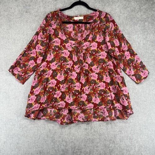 Natural Life Floral Shirt Frayed V-Neck Tunic Boho Peasant Hippie Gauze Top L/XL