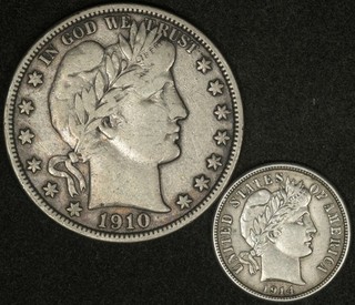 1910 S BARBER HALF DOLLAR FINE & 1914 BARBER DIME XF/AU DETAILS