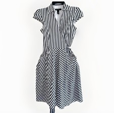 INC Wrap Midi Dress Womens Size 2 Striped White Dark Gray Short Sleeves Pockets