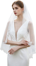 White Wedding Veil with Comb, Tier Floral Edge Lace Bridal Tulle Veil for Women