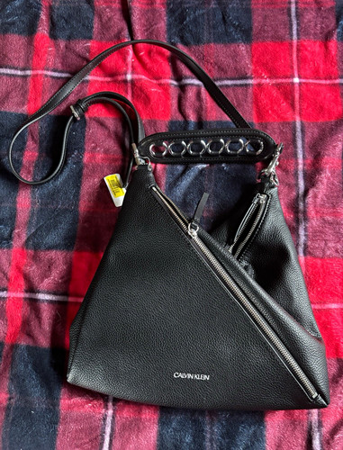 Calvin Klein Black Pebble Leather Diagonal Zip Crossbody Shoulder Bag - NWOT