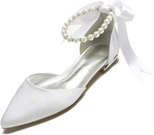 Women's Pearl Satin Wedding Shoes for Bride Flats Pointed Toe Comfortable...