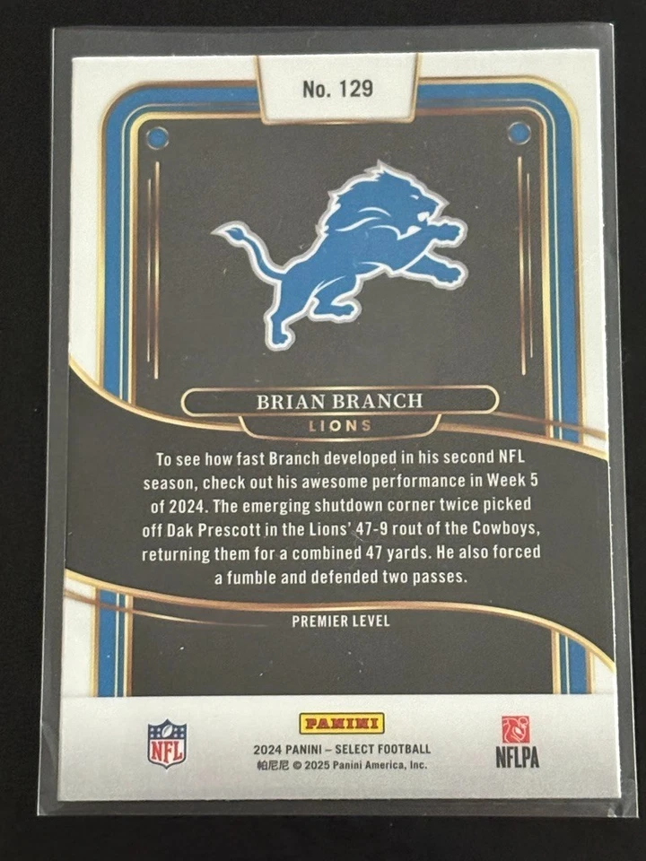 Brian Branch 2024 Panini Select Premier Level #129 Detroit Lions - Image 2 of 2