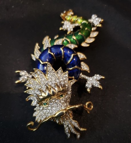 Vintage Dragon Butler & Wilson Unsigned Enamel Rhinestone Brooch Pin X-Large