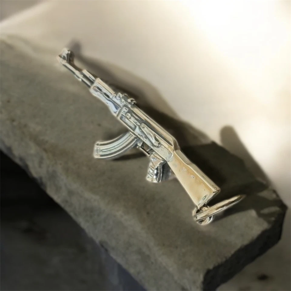 Vintage Prata Esterlina 925 AK-47 Pingente Colar Masculino Rifle Arma Charme Militar - Imagem 3 de 4
