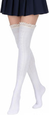 White Knee High Socks with Lace Trim Leg Warmers for Boots Cosplay Casual