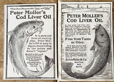 PETER MOLLER'S Cod Liver FIsh Oil Schieffelin&Co NY Antique 1908&1913 Print Ads