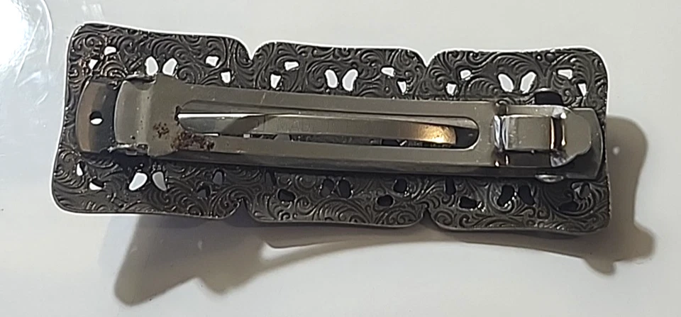 Silver Tone Hair Barrette Pink and Green Stones Black Faceted   Made In FRANCE - Image 4 of 4