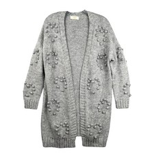 Womens Gray Knit Open Front Cardigan Sweater Bobble Detail Cozy Duster Coat