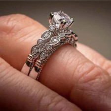 1.35 CT White Round Cut CZ Art Deco Antique Style Wedding Ring Set In 925 Silver