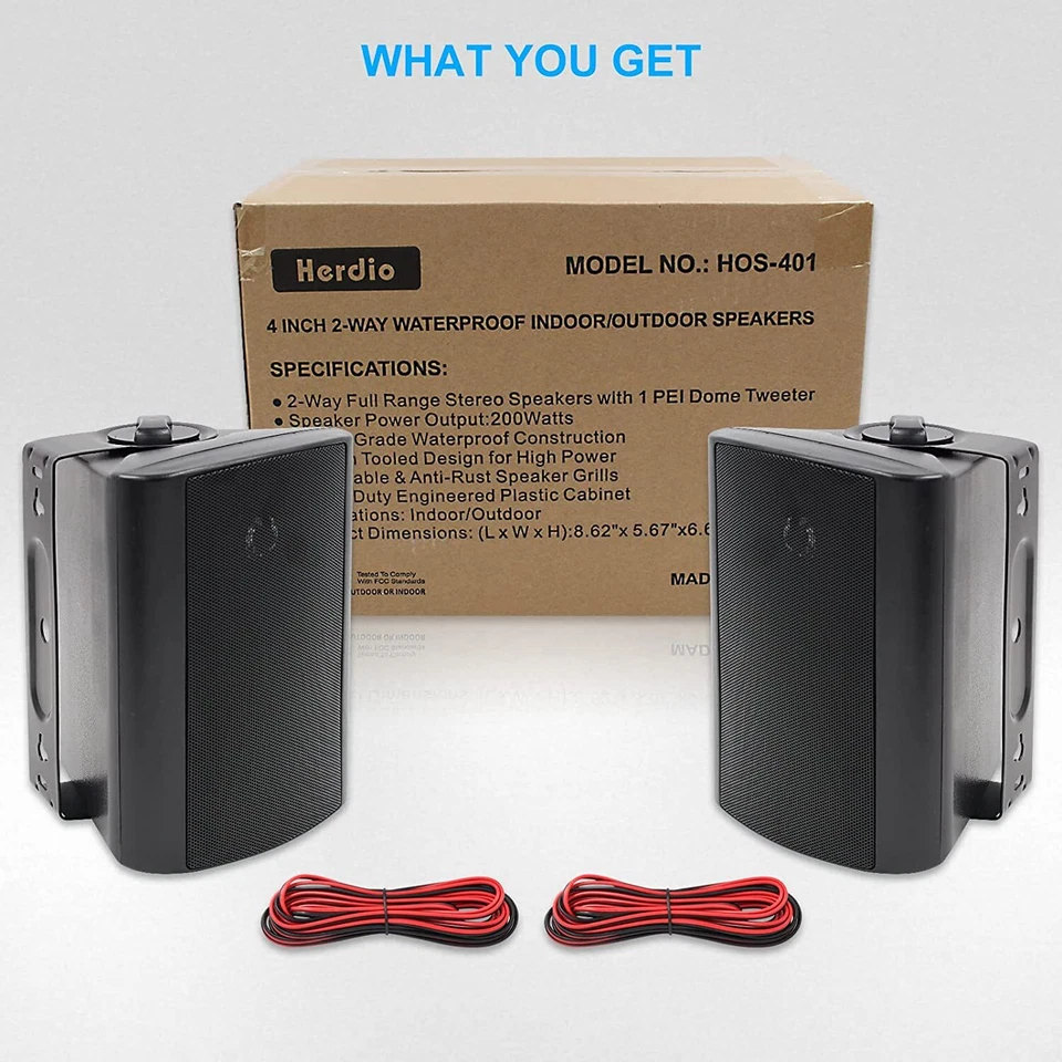 Herdio 4" Outdoor wasserdichte passive Lautsprecher - kabelgebundene Wandhalterung 200 W (2 Paar)