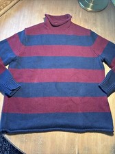 99 J CREW men's rollneck sweater blue/ Burgundy striped 100 cotton M