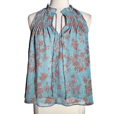 Current Air Anthropologie Top XS Teal Print Smocked Drawstring Sleeveless Blouse