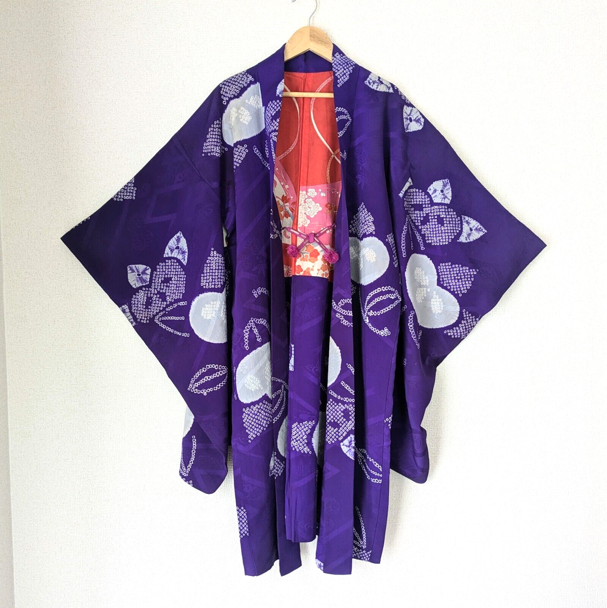 Japanese Vintage Haori Long Chirimen Purple Silk Kimono Gown Robe