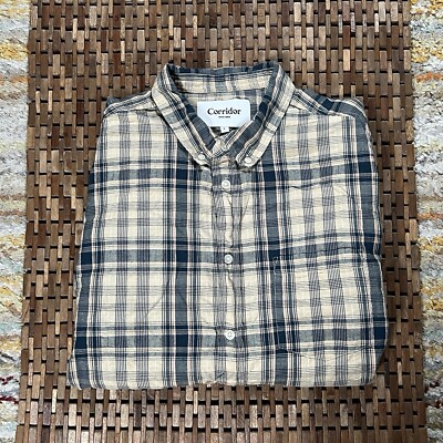 Corridor NYC Blue Beige Plaid Button Down Shirt Men s Size Medium M