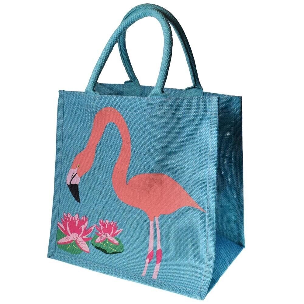 Jute shopping bag FLAMINGO grocery bag reusable tote blue colourful eco  friendly