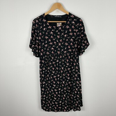 NEW Boohoo Womens Dress Size 8 Black Floral Short Sleeve Round Neck Boho 7832