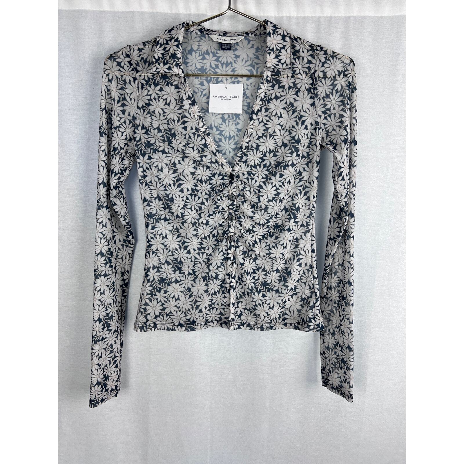 NEW American Eagle Top Women XS Floral Mesh Button Up Shirt Y2K Retro Fairy Cute