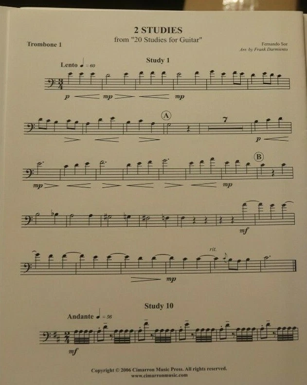 Trombone Quartet 2 Studies (1 & 10)  20 Studies for Guitar by Sur arr Darmiento - Image 3 of 4