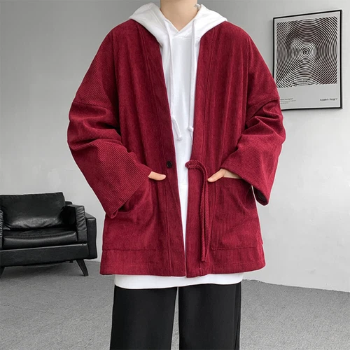 Men Corduroy Kimono Jacket Cardigan Japanese Coat Retro Outwear Loose Casual - Picture 14 of 20