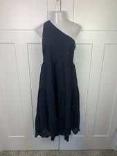NWT Gap Midi Dress 14 Blue Navy One Shoulder Eyelet Ruffle Cottage Boho Pockets