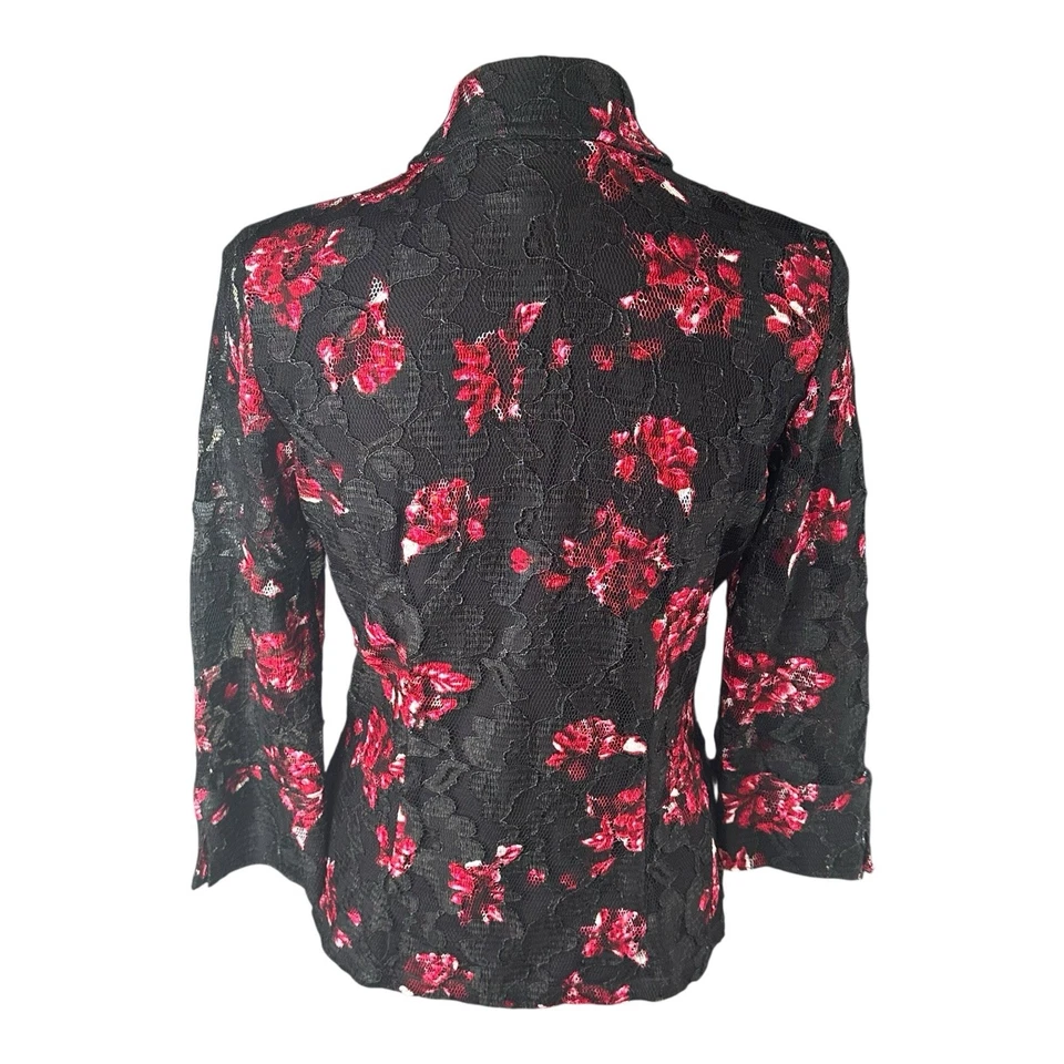 Chaqueta Blazer INC International Concepts Floral Rojo Negro Encaje Mujer’s Talla M Foto 4 de 4