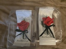 2 Handmade Artificial Silk Rose Wedding Boutonniere Red Black Ribbon