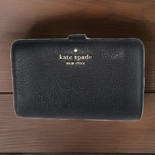 Kate Spade Leila Medium Compact Bifold Wallet Black Pebble Leather 
