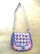 Vintage 70  s Tooled 100 Genuine Leather Purse Painted Flowers Boho Hippie