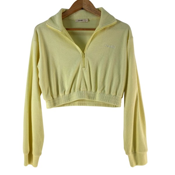 Ownley Sweatshirt Womens M Yellow Terry 1/4 Zip Cropped Logo Collared 138535