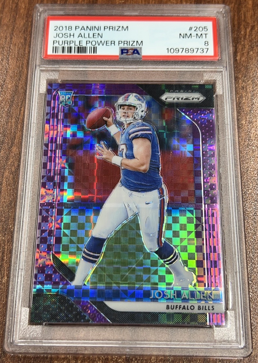 2018 PANINI PRIZM PURPLE POWER PRIZM #205 JOSH ALLEN ROOKIE RC /49 PSA 8 BILLS