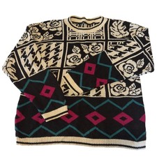 Vintage 80s Mixed Floral Houndstooth Geometric Knit Crewneck Sweater M/L