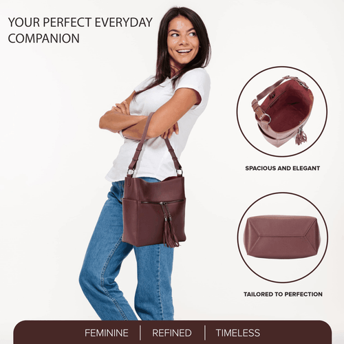 Weinrote Bucket Tote große Echtleder Schultertasche für Damen mit Staubbeutel - Bild 2 von 9