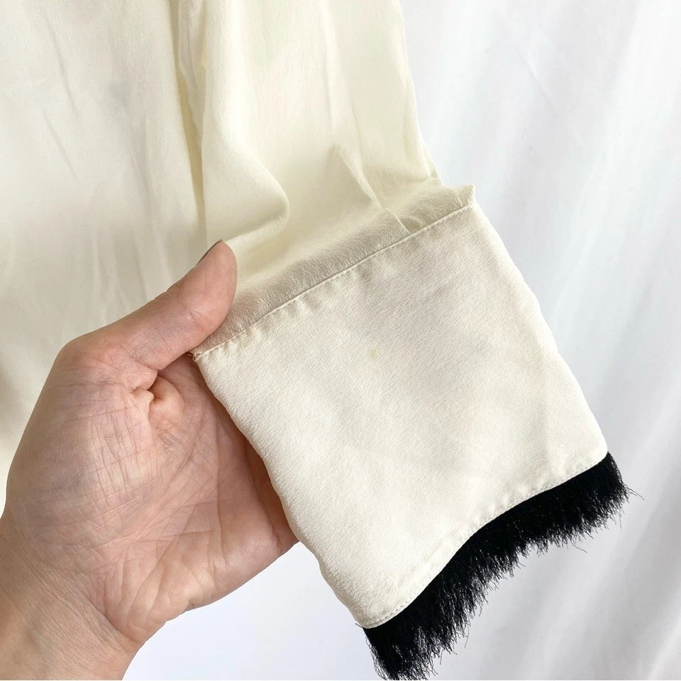 Malene Birger Silk Fringe Trimmed Top Collared Ivory Long Sleeve Button Down - Image 2 of 4