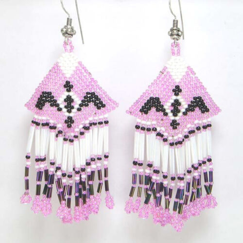 HANDCRAFTED BEADED NATIVE STYLE PURPLE WHITE BLACK EAGLE FASHION HOOK EARRINGS - Picture 1 of 2