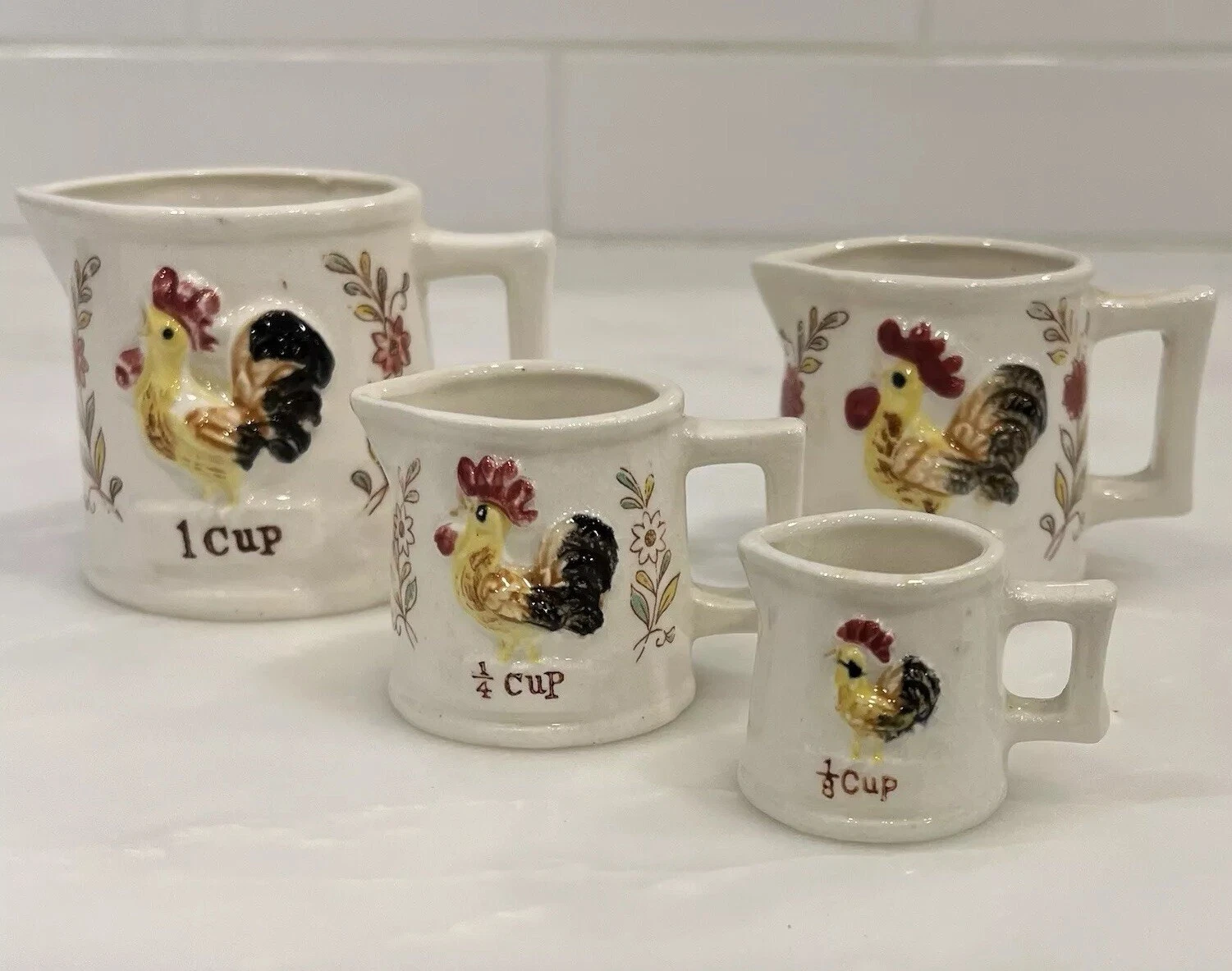 Rooster Measuring Cups Chicken JAPAN Set Of 4 MCM Country Chickens Vintage