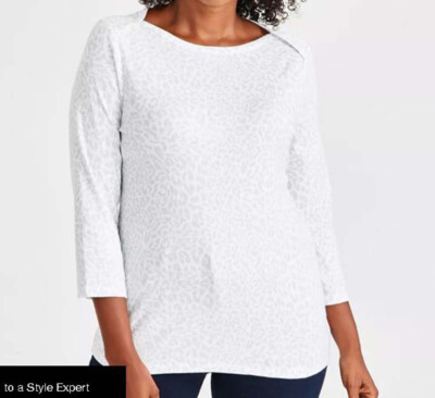 Women's Small Textured White Leopard Pima Boat-Neck Top PP Cotton 3/4 Sleeves