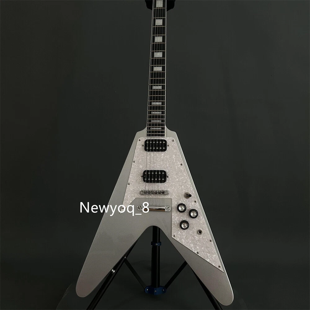 Flying V Electric Guitar Metal Silver Powder Ebony Fingerboard