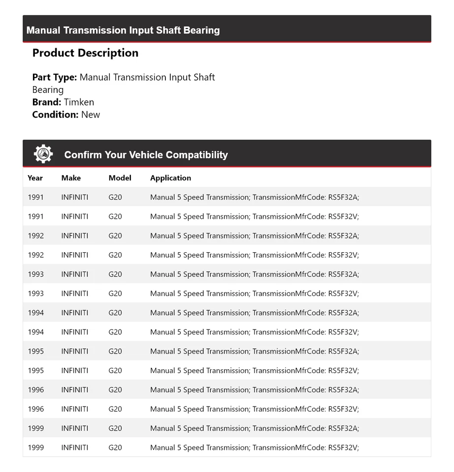 Cojinete de eje de entrada de transmisión manual Timken para Infiniti G20 1991-1996, 1999 Foto 2 de 4