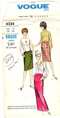 Vintage 1960s Vogue Women's Sewing Pattern LONG OR SHORT SKIRT 6234 W26" UNCUT - Picture 2 of 4
