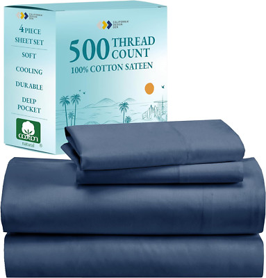King Size Cotton Cooling Bedsheet Set - 500 Thread Count, Deep Pockets, Navy Blu
