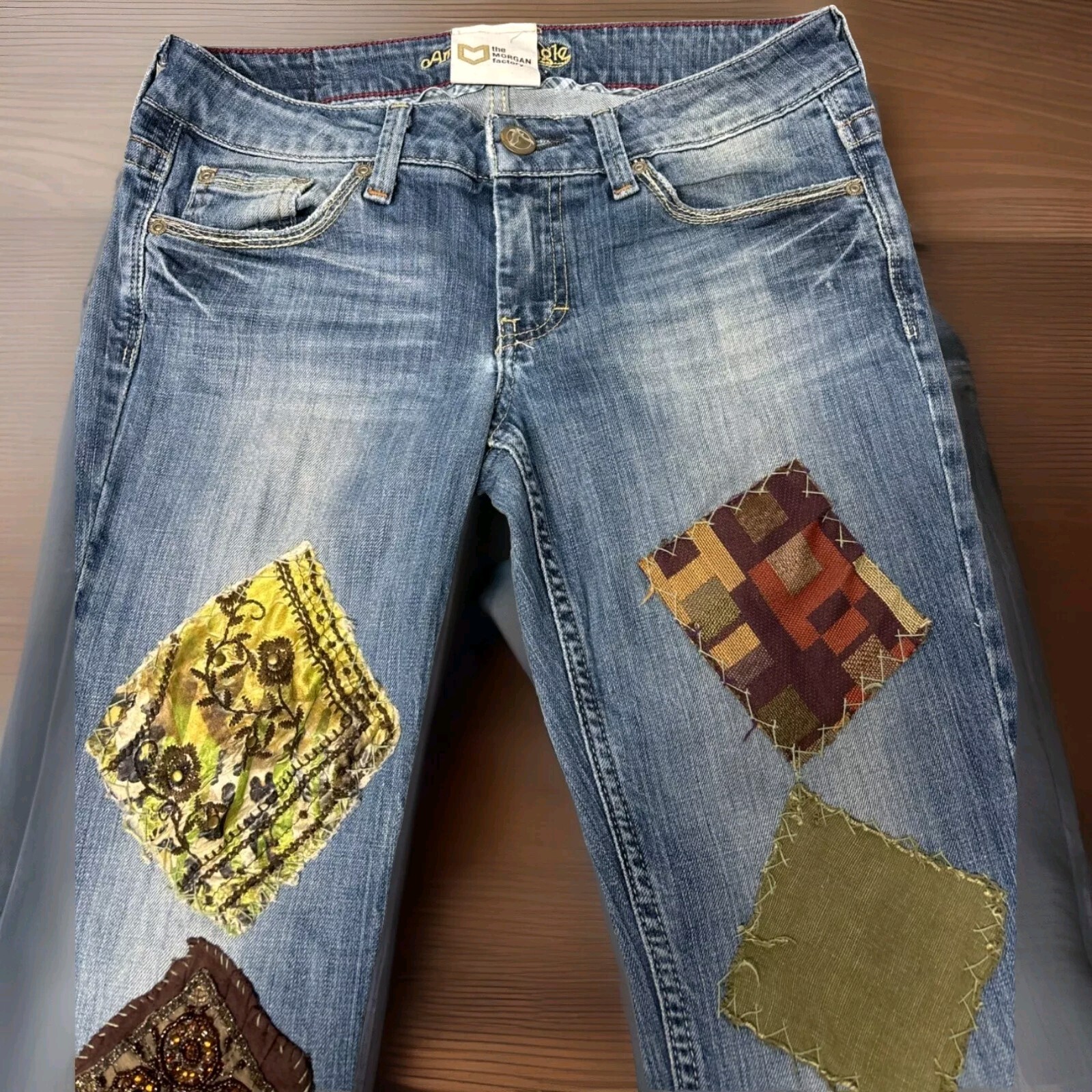 Retro Patchwork Jeans Repurposed Sz6 Hipster Stra… - image 1
