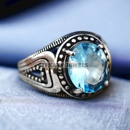 Aquamarine Oval Cut Gemstone With 14K Solid White Gold Ring For Men's #175