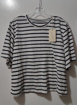 Universal Thread Women's White/Navy Blue Striped Linen Blend Short Top Size L