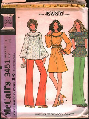 3451 Vintage McCalls SEWING Pattern Misses Dress Smock Pants Step by Step OOP EZ