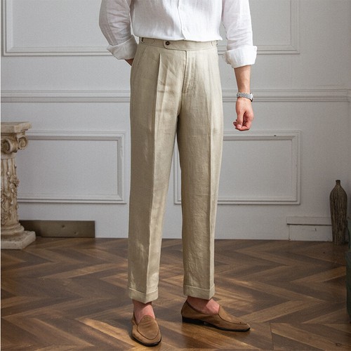 Hombres Verano 100% Lino Pierna Recta Pantalones Nápoles Cintura Alta Pantalones Informales Pantalones - Imagen 26 de 27